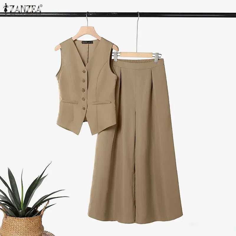 ZANZEA Women Minimalist Elegant 2 Piece Pant Sets Summer Old Money Vest & Wide Leg Pant Suits Office Commute 2pcs Sets Outfits