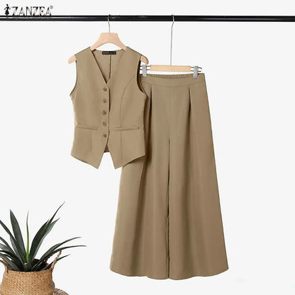 ZANZEA Women Minimalist Elegant 2 Piece Pant Sets Summer Old Money Vest & Wide Leg Pant Suits Office Commute 2pcs Sets Outfits