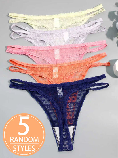 5-Pack Sexy Lace Double-Layer Thin Strap Full Lace Women's Thong Underwear Comfortable Breathable Cotton Lined Briefs