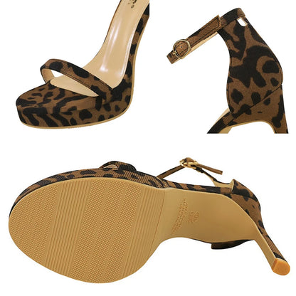 BIGTREE Shoes Leopard Suede Heeled Sandals Women Shoes Sexy Party Shoes Peep Toe High Heels Stiletto 11 cm Buckle Ladies Shoes