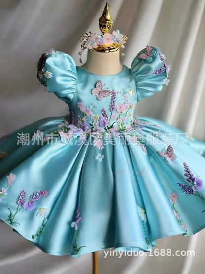 Flower Girl Dress Satin 3D Floral Butterfly Puff Sleeve Ball Gown Wedding Gown First Christmas Party Dress For Girlsفساتين
