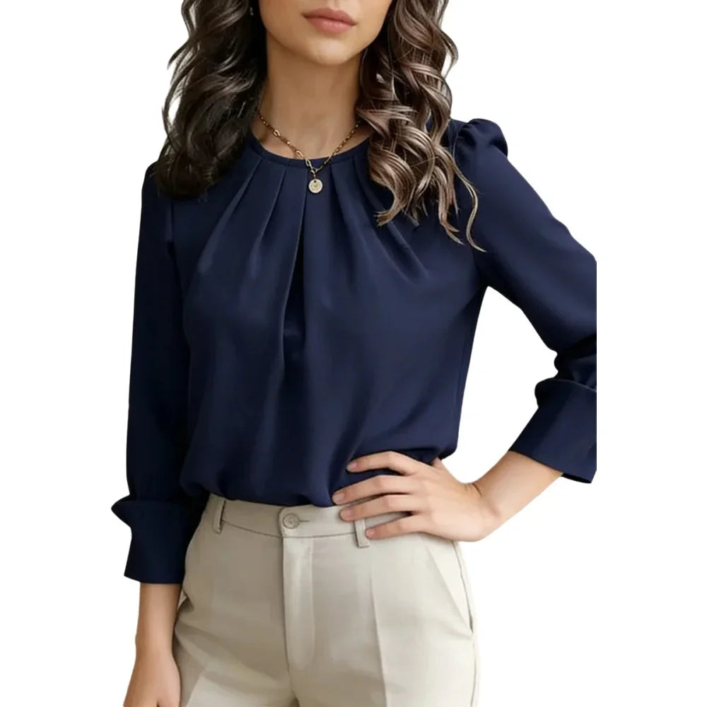 Women's Blouse Round Neck Long Sleeve Tops Solid Pleated Loose Tops Elegant Blouse Spring Summer Casual Blouse Office Light Tops