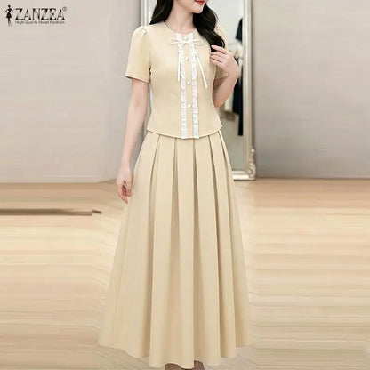 ZANZEA 2PCS Summer Outfits Elegant Women 2 Pieces Sets Short Sleeve Ruffled Shirt Dress Sets A Line OL Work Pleated Skirt Suit