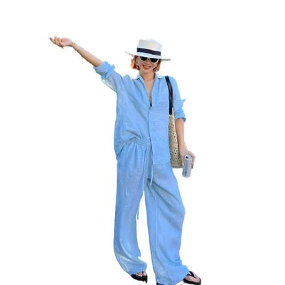 Loose Fit Linen Shirt Set Women Summer Thin Sun Protection Casual Wide Leg Pants Two Piece Suit Comfortable Breathable