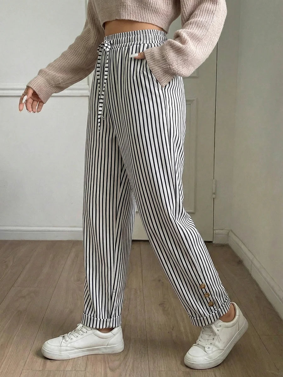 Women Plus Size High Waist Striped Pants Drawstring Casual Wide Leg Trousers Autumn Fashion Female Chill Streetwear Black White