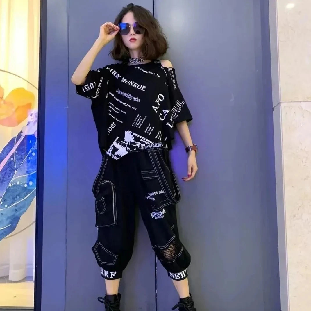 2 Pcs Women Summer Clothing Set Casual Batwing Sleeve Loose Tees Tops And Print Letters Harem Tracksuits Pants Suits