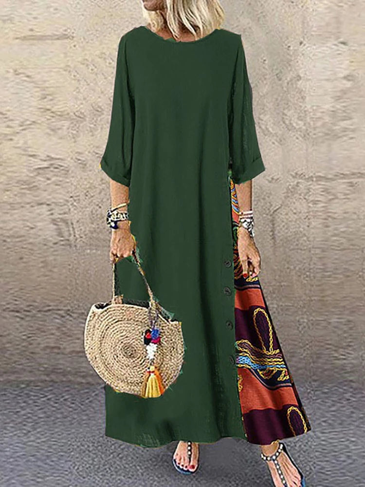 Women Vintage Harajuku Long Dress Bohemian Stitching Print 3/4 Sleeve O Neck Loose Oversized Maxi Dress Casual Elegant Robe
