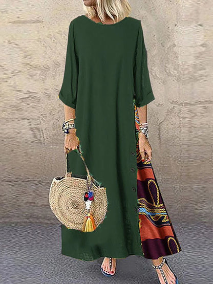 Women Vintage Harajuku Long Dress Bohemian Stitching Print 3/4 Sleeve O Neck Loose Oversized Maxi Dress Casual Elegant Robe