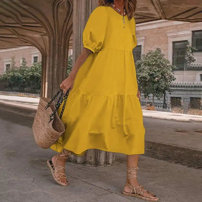 Summer New Solid Color Short Sleeved Loose For Women's Dresses Fashion Casual Patchwork Retro Beach Holiday Maxi Female Sundress