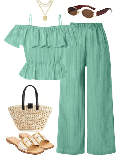 Girls Casual Long Pants Set Summer Fashion One-Shoulder Strap Top And Long Pants Outfit Suitable for Outdoor Scenarios