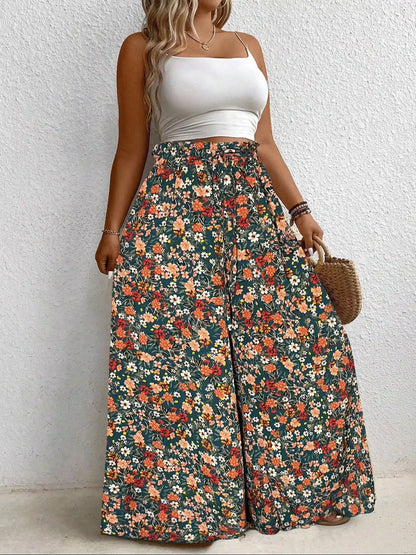 Plus Size Women's Clothing Loose Comfortable Commuting Casual Style Summer Printed Long Pants Elastic Waist Drawstring Draped Wide Leg Pants