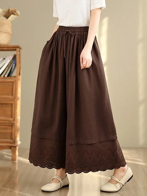 Spring Summer Lace Splicing  Color Wide Leg Pants Elastic Waist Casual Trousers Nine Points Pants Loose Fit Ladies Jeans