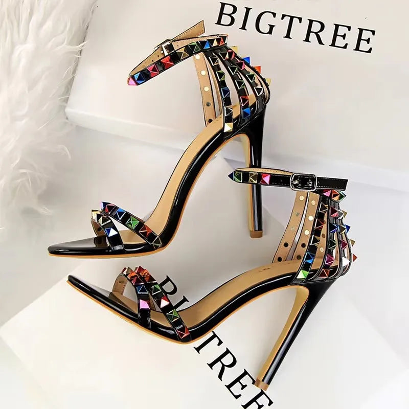 BIGTREE Shoes Color Rivets Women Sandals Roman Style Heeled Sandals Hollow Out High Heels Stiletto Sexy Party Shoes Sandals