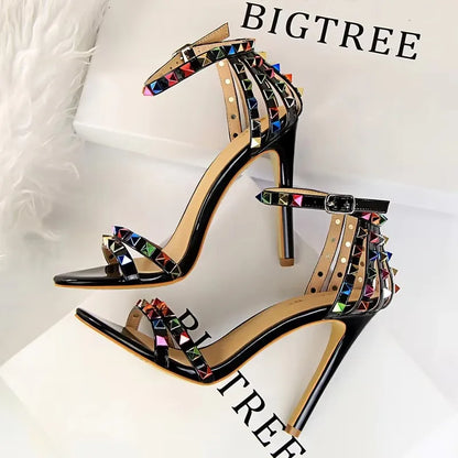 BIGTREE Shoes Color Rivets Women Sandals Roman Style Heeled Sandals Hollow Out High Heels Stiletto Sexy Party Shoes Sandals