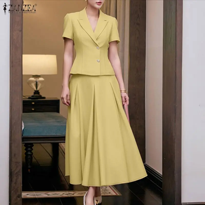 ZANZEA Women Summer 2 Piece Sets Elegant Short Sleeve Lapel Neck Blouse Dress Sets Solid A Line OL Work Skirt Suit Office Outfit