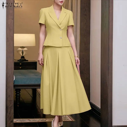 ZANZEA Women Summer 2 Piece Sets Elegant Short Sleeve Lapel Neck Blouse Dress Sets Solid A Line OL Work Skirt Suit Office Outfit