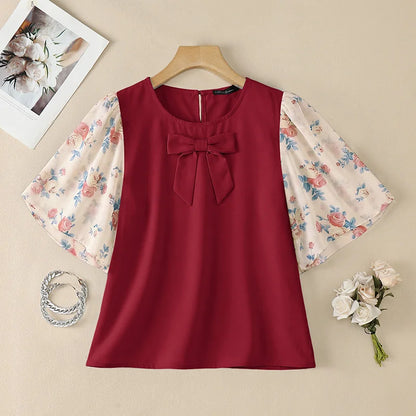 ZANZEA Women's Bow Detail Blouses Elegant O-Neck Floral Printed Chiffon Patchwork Sleeves Tops Summer Daily Wear Blusas de Mujer