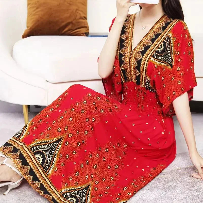 Casual Elegant Retro Bohemian National Style V-neck Elastic  Waist Large Swing Printed Summer Long Skirt Woman Dress Clothes