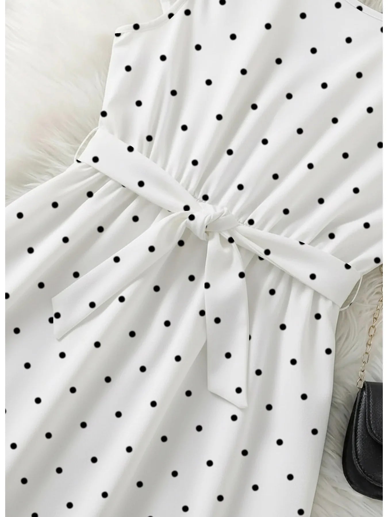 Casual and elegant summer girls' comfortable polka dot round neck ruffle sleeves cinched waist lace up dress long skirt
