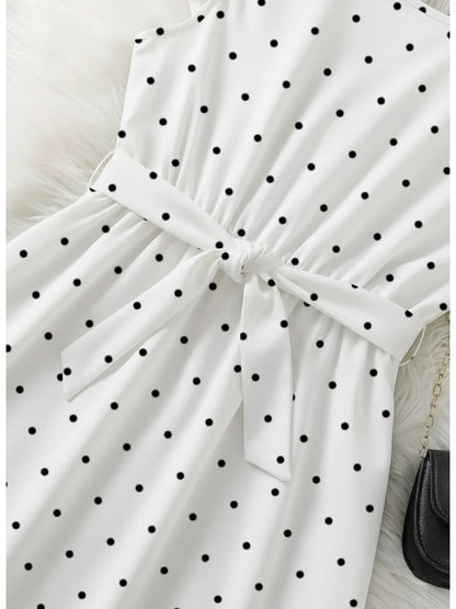 Casual and elegant summer girls' comfortable polka dot round neck ruffle sleeves cinched waist lace up dress long skirt