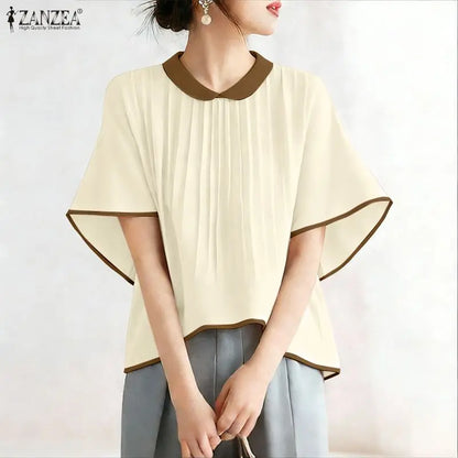 ZANZEA Woman Casual Chic Pleated High-Low Blouses Peter-Pan Collar Half Sleeves Contrast-Color Tops 2026 Summer Blusas de Mujer