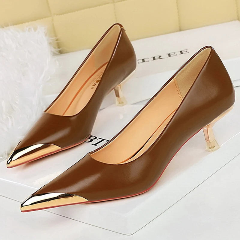 BIGTREE Shoes Retro High Heels Metal Pointed Tip Women Pumps Stiletto 9.5 Cm 4.5cm Heels Sexy Party Shoes Fashion Office Shoes