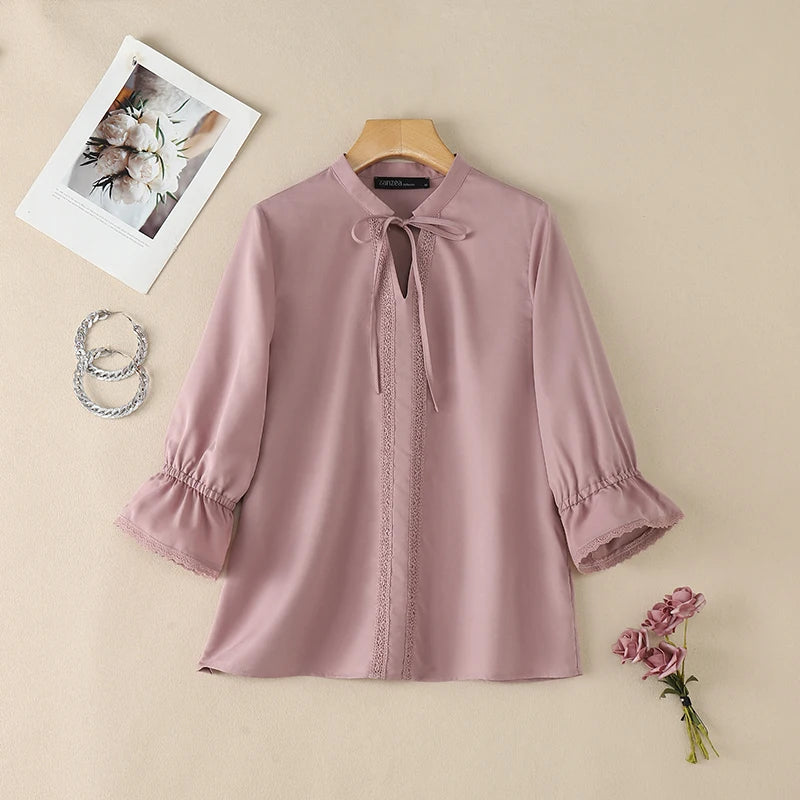 ZANZEA Women Elegant Lace Paneled Blouses Lace-Up V-Neck 3/4 Sleeves Tops Summer Daily Casual Solid Color Blusas de Mujer