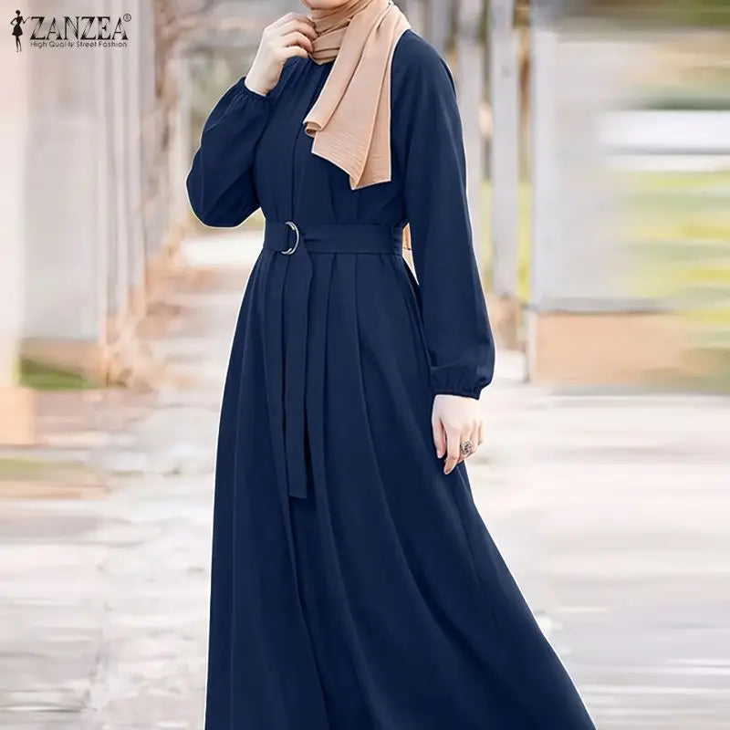 Modest Muslim Abaya Hijab Dresses ZANZEA Women Elegant O Neck Long Sleeve Belted Sundress Solid Color Loose Dubai Robe Ramadan