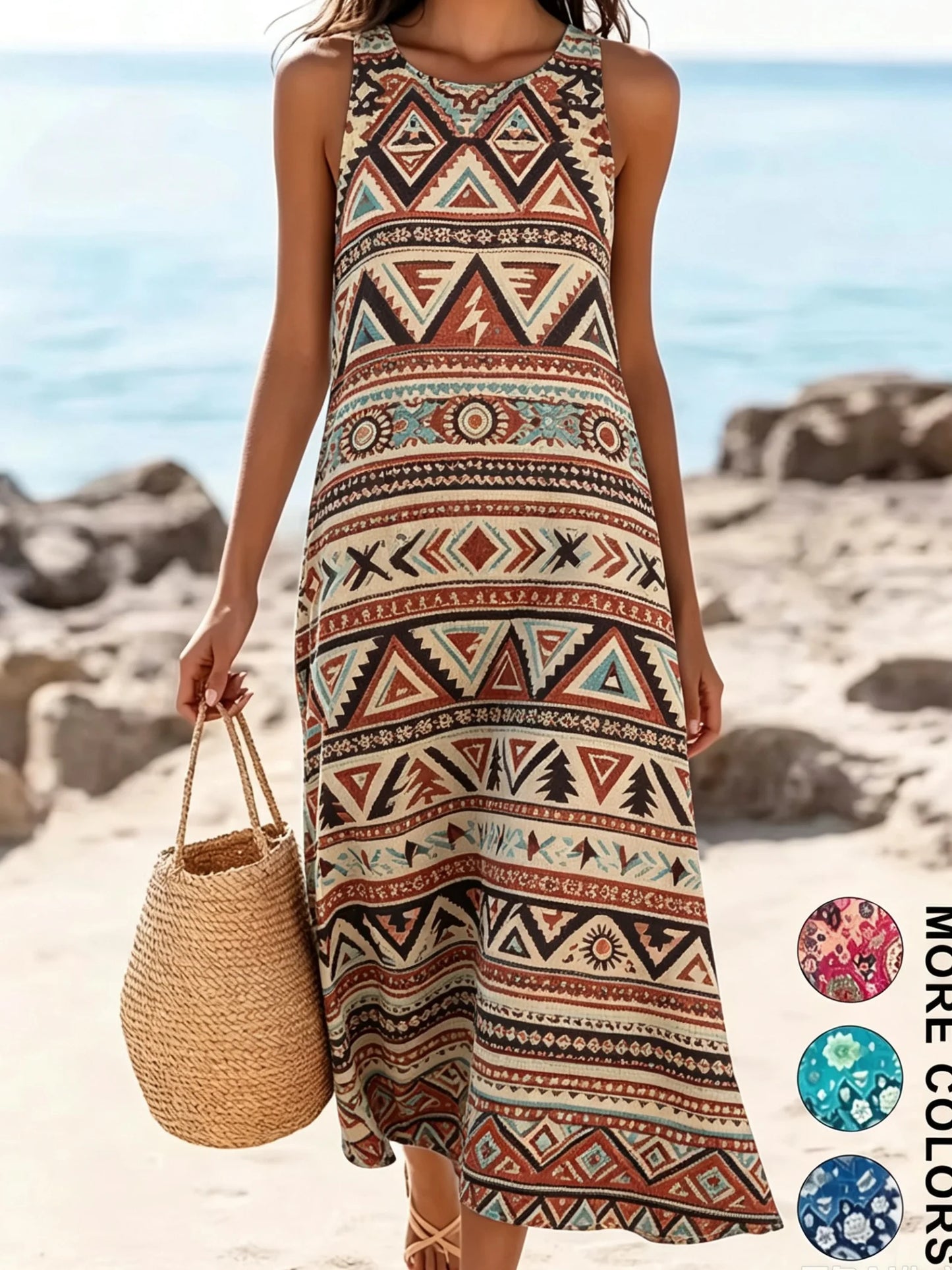 2026 Women's Sleeveless Bohemian Floral Casual Beach MIDI Sundress With Pockets Flowing and Loose Sweetheart Rustic Country
