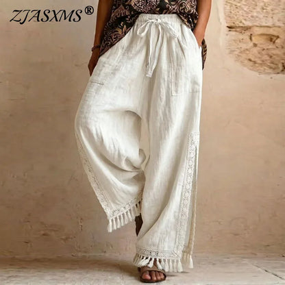 Women Solid Side Split Wide Leg Pants Elastic Drawstring Pockets Lace Tassel Loose Pants New Boho Summer Casual Holiday Trousers