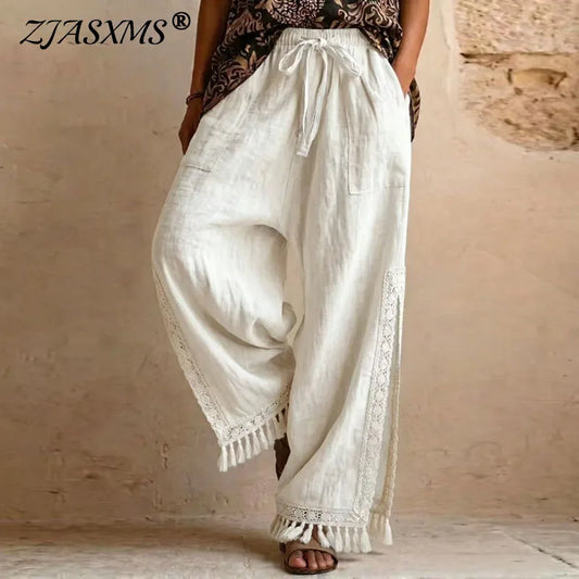 Women Solid Side Split Wide Leg Pants Elastic Drawstring Pockets Lace Tassel Loose Pants New Boho Summer Casual Holiday Trousers