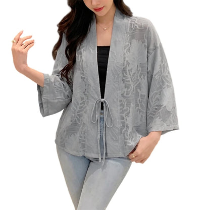 ZANZEA Woman Textured Floral Clip-Dot Cardigans V-Neck Long Sleeves Lace-Up Open Front Kimonos Summer Vacation Beach Cover-Up