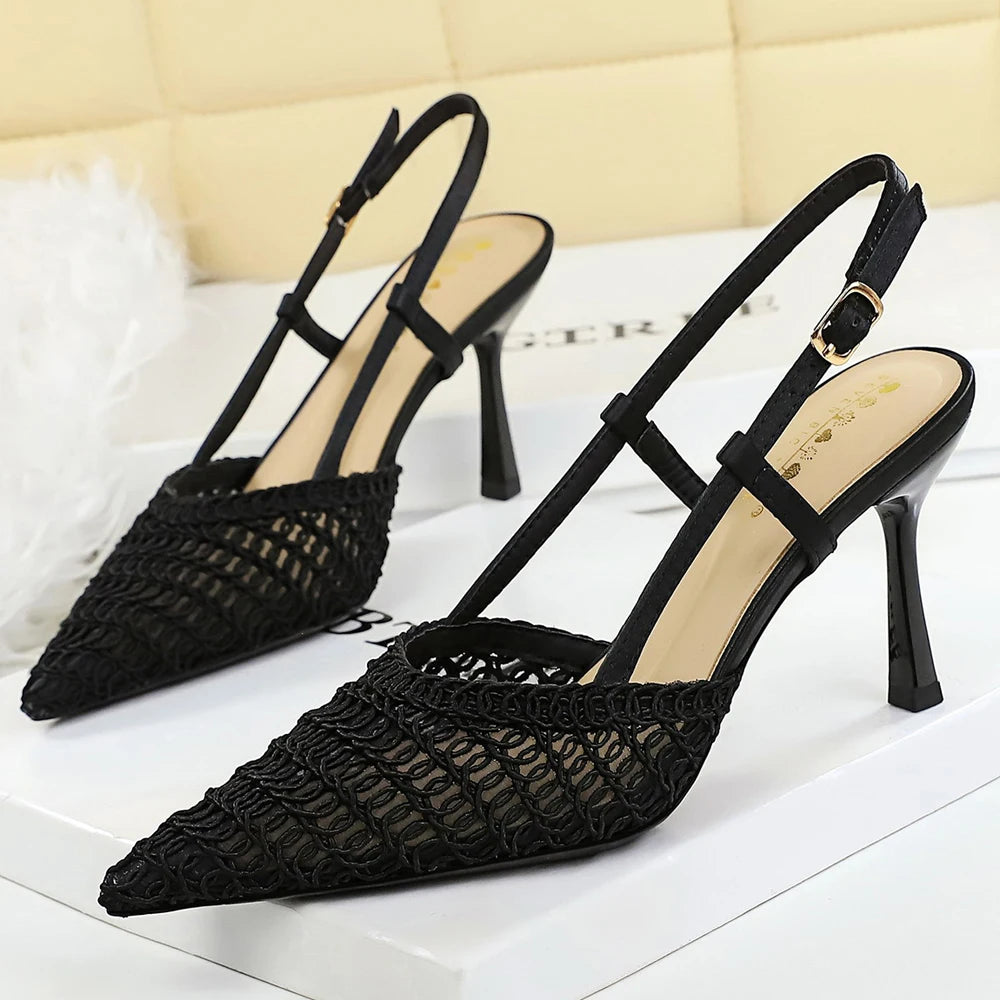 BIGTREE Shoes Woven Net High-heeled Sandals Women Shoes Summer Pointed High Heels Women Pumps Stiletto 8 CM Buckle Sandals Lady