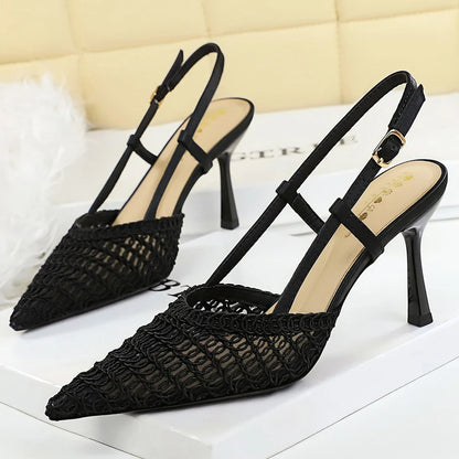 BIGTREE Shoes Woven Net High-heeled Sandals Women Shoes Summer Pointed High Heels Women Pumps Stiletto 8 CM Buckle Sandals Lady