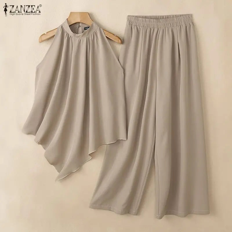 ZANZEA Women Street Fashoin Matching Pant Sets Summer Asymmetrical Hem Sleeveless Tops & Wide Leg Pants 2 Pieces Suits Outfits