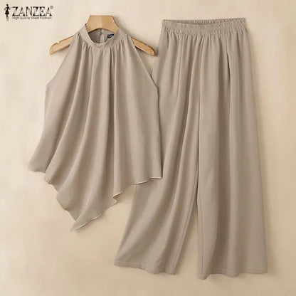 ZANZEA Women Street Fashoin Matching Pant Sets Summer Asymmetrical Hem Sleeveless Tops & Wide Leg Pants 2 Pieces Suits Outfits