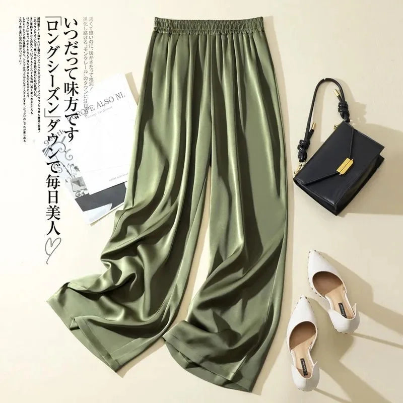 Summer Women Pants Ice Silk Triacetate Pants Lady Baggy Versatile Elastic Straight Leg Trousers Female Wide Leg High Waisted Pan