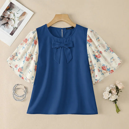 ZANZEA Women's Bow Detail Blouses Elegant O-Neck Floral Printed Chiffon Patchwork Sleeves Tops Summer Daily Wear Blusas de Mujer