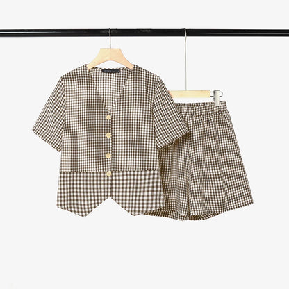 ZANZEA Women's Gingham Patchwork Short Sets Short Sleeve Tops & Elastic Waist Shorts 2 Piece Suits Summer Daily Casual Outfits