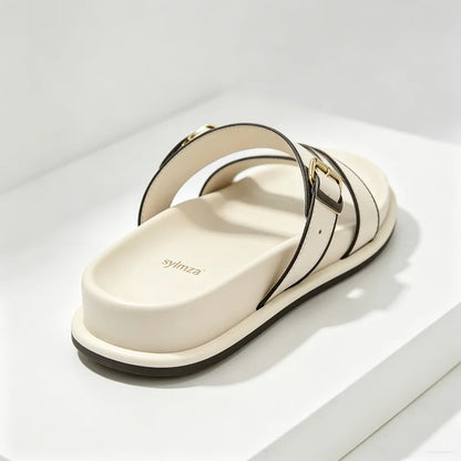 Designer Metal Buckle White Flat Sandals Women Summer Comfortable Non-slip Slide Sandals Soft Bottom Flip-flops Beach Slippers