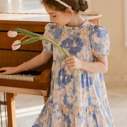 Cotton Dress with Lace Trim in French Retro Oil Painting Style Flower Girl Dresses Children's Clothing Luxury Girls Costume Kids