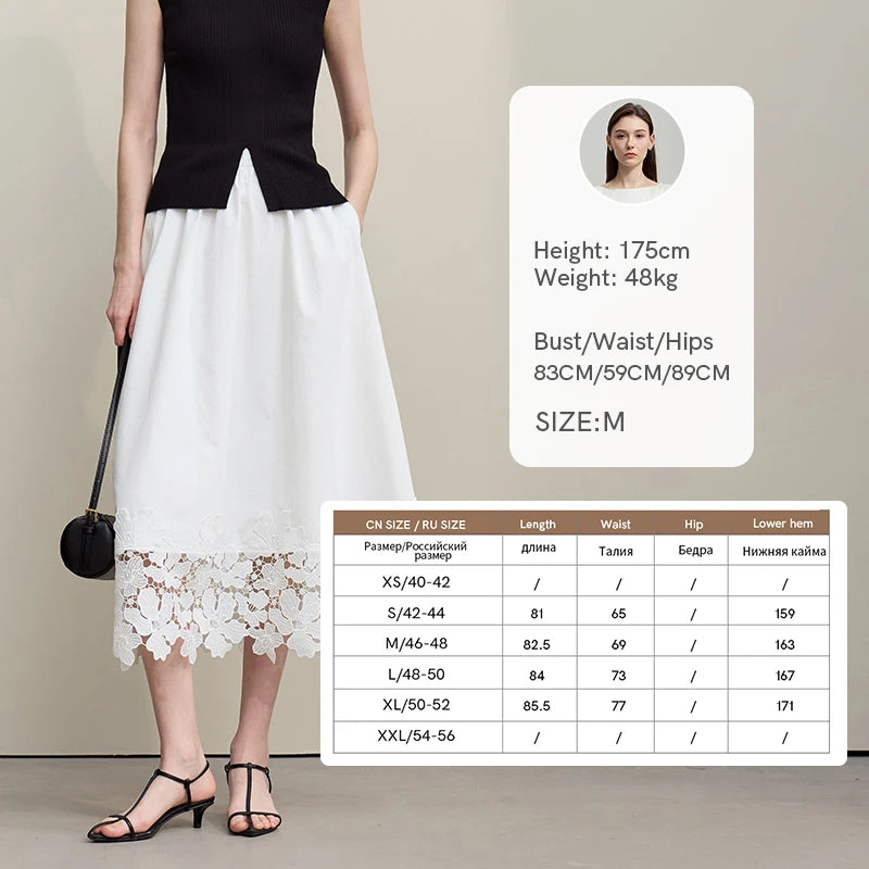 Amii Women's Skirt 2026 Summer New Elastic Waist Cutout Lace Hem Midi Casual Loose Fit Floral Trim Skirt For Women 12622106