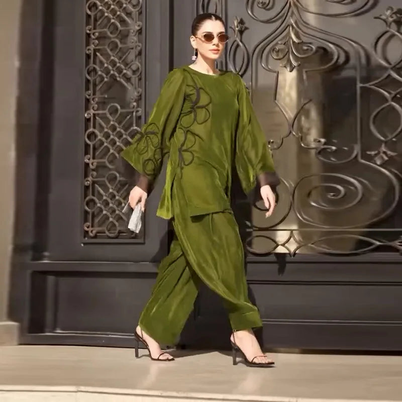 Muslim Sets Women Top Blouse Wide Leg Pants Suit Flower Outfits Modest Morocco Ramadan Dubai Islam Trousers Ensemble 2025