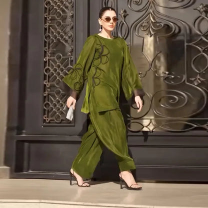 Muslim Sets Women Top Blouse Wide Leg Pants Suit Flower Outfits Modest Morocco Ramadan Dubai Islam Trousers Ensemble 2025