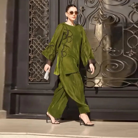 Muslim Sets Women Top Blouse Wide Leg Pants Suit Flower Outfits Modest Morocco Ramadan Dubai Islam Trousers Ensemble 2025