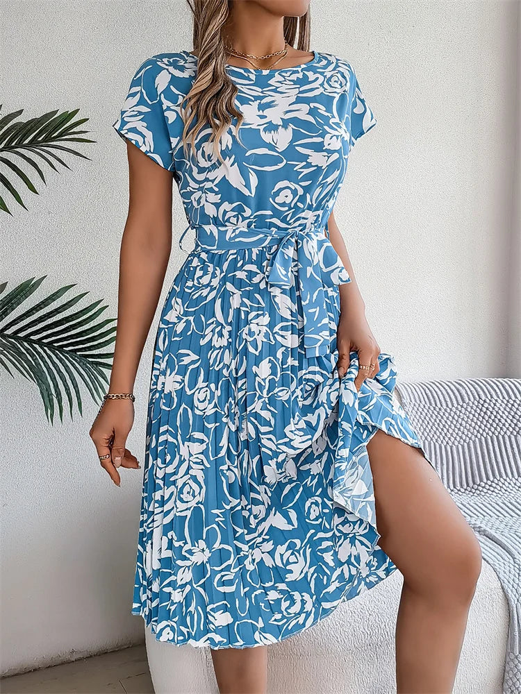 Ficusrong Fashion Floral Pleated A Line Long Dress Women Spring Summer Short Sleeve High Waist Chic Dress