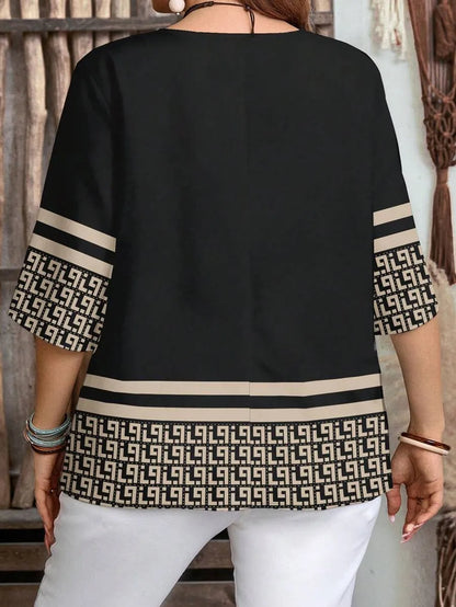 Plus size women's spring/summer/autumn new retro pattern front button leisure short sleeve shirt essential summer outfit
