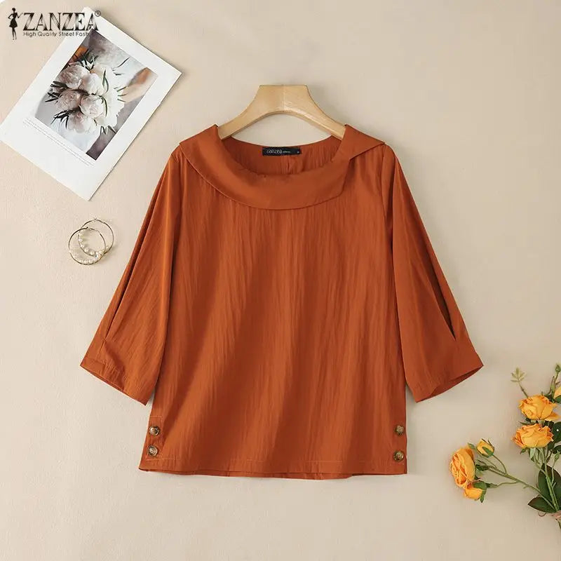 ZANZEA Woman Summer Blouses Irregular Turn-Down Collar 3/4 Sleeve Solid Color Tops Spring Summer Loose Casual Blusas de Mujer