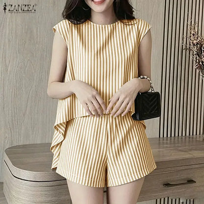 ZANZEA Women's Striped Short Sets Sleeveless High-Low Tops & Elastic Waist Shorts 2 Piece Suits Summer Casual Day Wear Outfits