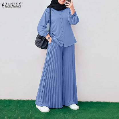 2026 ZANZEA Muslim Hijab Tracksuit Ramadan Outfits Women Pant Sets Long Sleeve Tops Wide Leg Trousers Elegant Solid OL Work Suit